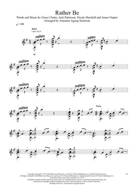 Free Sheet Music Rather Be Solo Guitar Score