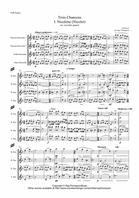 Ravel Trois Chansons Three Songs Includes Three Lovely Birds Of Paradise Recorder Quartet Sheet Music