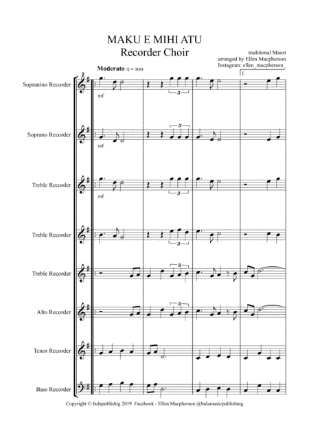 Recorder Choir Maku E Mihi Atu Sheet Music