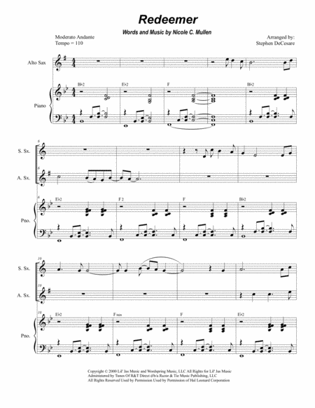 Free Sheet Music Redeemer Duet For Soprano And Alto Saxophone