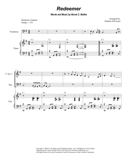 Free Sheet Music Redeemer For Brass Quartet And Piano