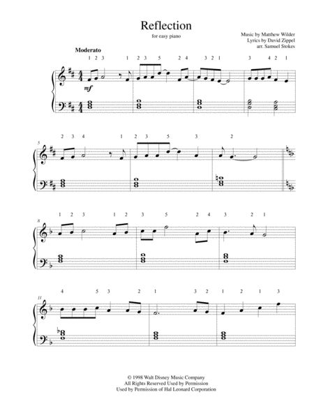 Reflection From Walt Disneys Mulan For Easy Piano Sheet Music