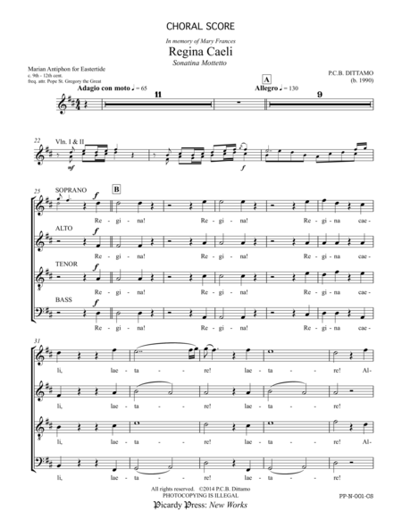 Free Sheet Music Regina Caeli Satb Choir Violins Organ Opt Timpani Choral Score Only