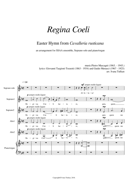 Regina Coeli From Cavalleria Rusticana Ssaa Soprano Solo Piano Organ Reduced Version Sheet Music