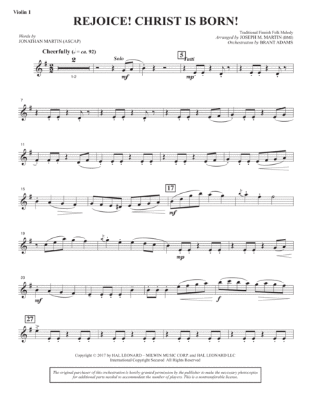 Free Sheet Music Rejoice Christ Is Born Violin 1