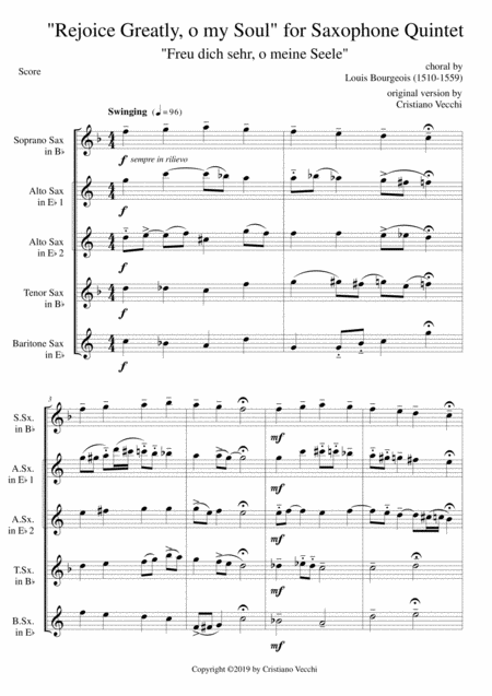 Free Sheet Music Rejoice Greatly O My Soul For Saxophone Quintet