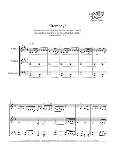 Remedy String Trio 2 Violins Cello Adele Arr Cellobat Sheet Music