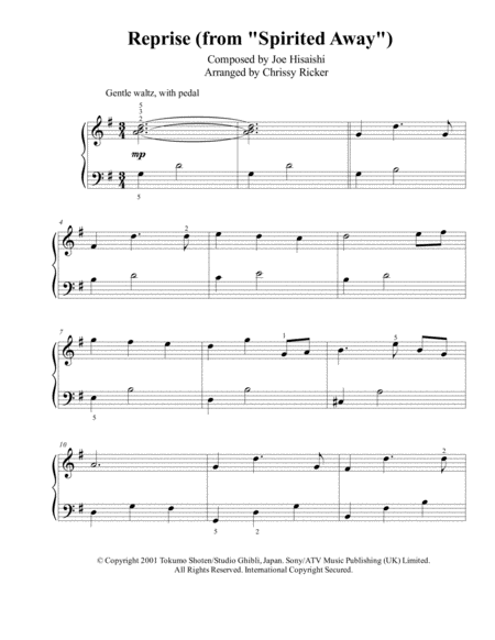 Reprise From Spirited Away Easy Piano Sheet Music