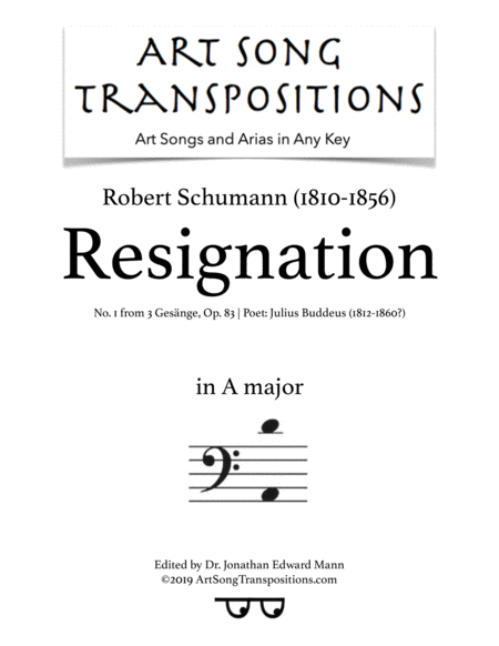 Resignation Op 83 No 1 Transposed To A Major Bass Clef Sheet Music