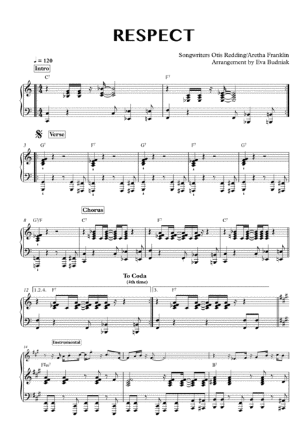 Respect Aretha Franklin Version Simplified Piano Accompaniment C Major Original Key Sheet Music