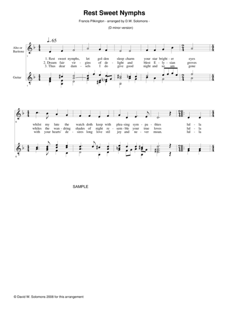 Rest Sweet Nymphs D Minor Version For Alto Or Baritone And Guitar Sheet Music