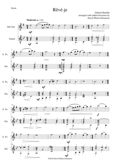 Free Sheet Music Reve Je For Alto Saxophone And Guitar