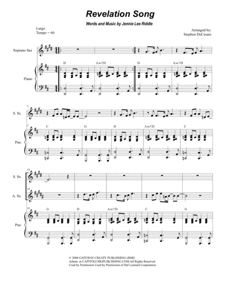 Revelation Song Duet For Soprano And Alto Saxophone Sheet Music