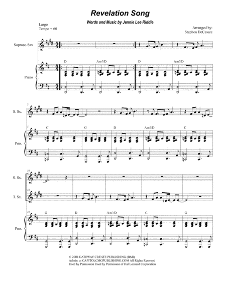 Revelation Song Duet For Soprano And Tenor Saxophone Sheet Music