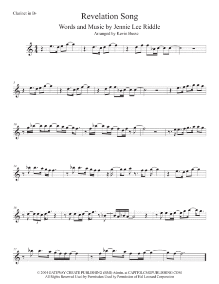 Free Sheet Music Revelation Song Easy Key Of C Clarinet