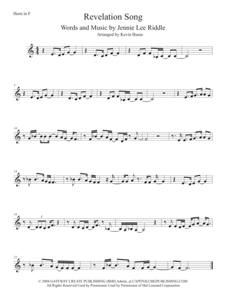 Free Sheet Music Revelation Song Easy Key Of C Horn In F