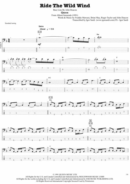 Ride The Wild Wind Queen John Deacon Complete And Accurate Bass Transcription Whit Tab Sheet Music