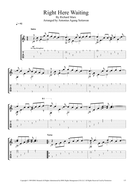 Right Here Waiting Solo Guitar Tablature Sheet Music