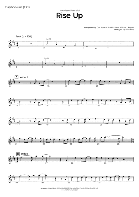 Rise Up From Teen Titans Go Euphonium Treble Clef Play Along Sheet Music