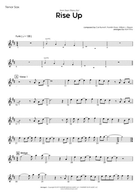 Free Sheet Music Rise Up From Teen Titans Go Tenor Saxophone Play Along