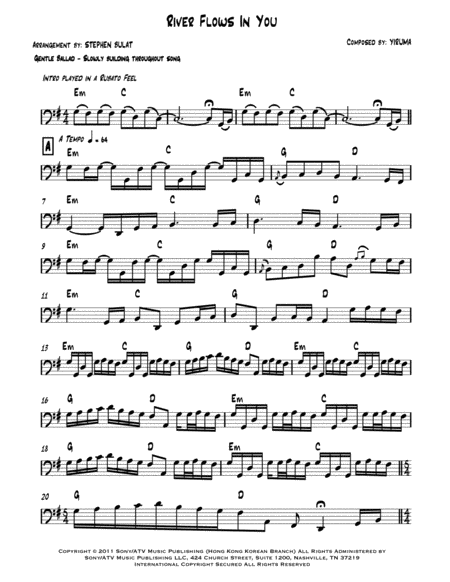 Free Sheet Music River Flows In You Yiruma Arranged For Cello Bassoon Or Trombone Key Of Em