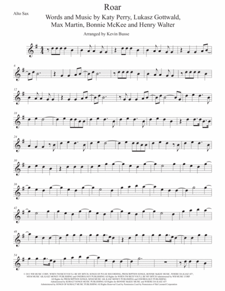 Free Sheet Music Roar Original Key Alto Sax