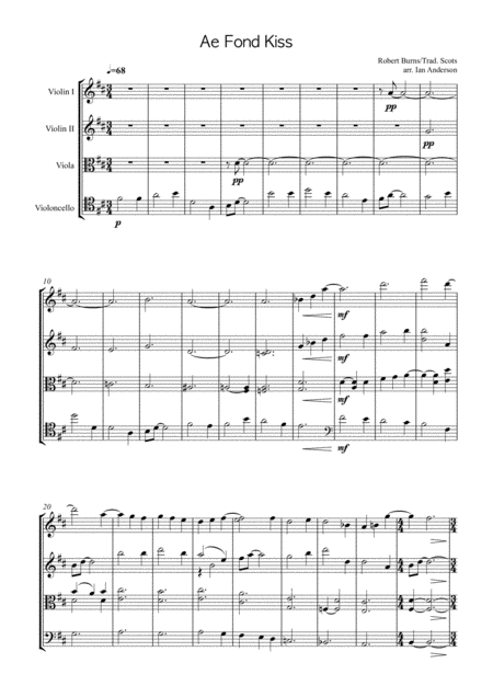 Robert Burns Ae Fond Kiss String Quartet Sheet Music