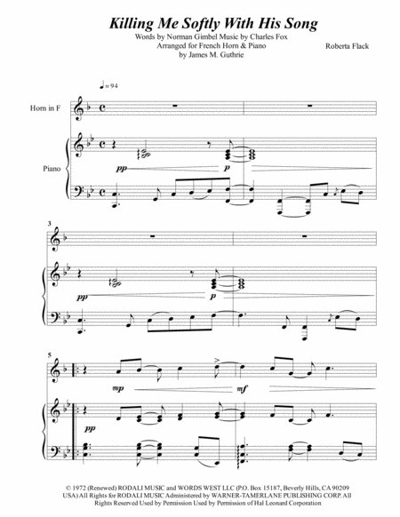 Roberta Flack Killing Me Softly With His Song For French Horn Piano Sheet Music