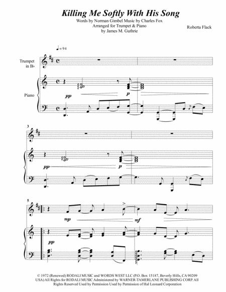 Roberta Flack Killing Me Softly With His Song For Trumpet Piano Sheet Music