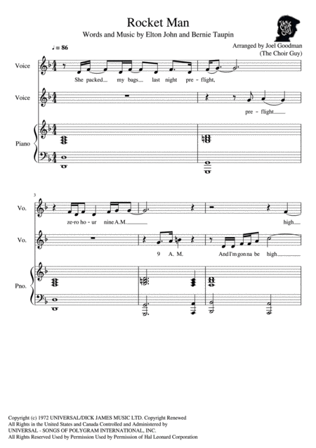 Free Sheet Music Rocket Man I Think Its Gonna Be A Long Long Time Vocal Duet
