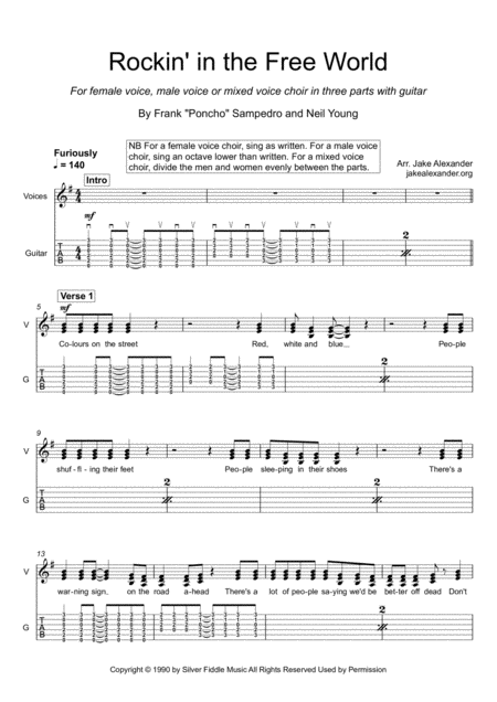 Free Sheet Music Rockin In The Free World Choir In 3 Parts With Guitar