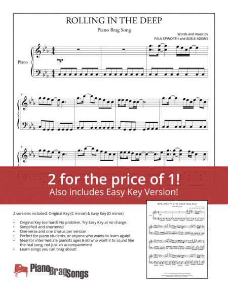Free Sheet Music Rolling In The Deep Adele Simplified And Easy Key Piano Solos
