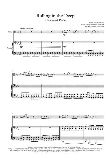 Rolling In The Deep Arranged For Viola Piano Sheet Music