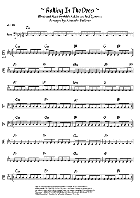 Rolling In The Deep Bass Lead Sheet Sheet Music