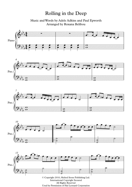 Rolling In The Deep By Adele Easy Piano Sheet Music