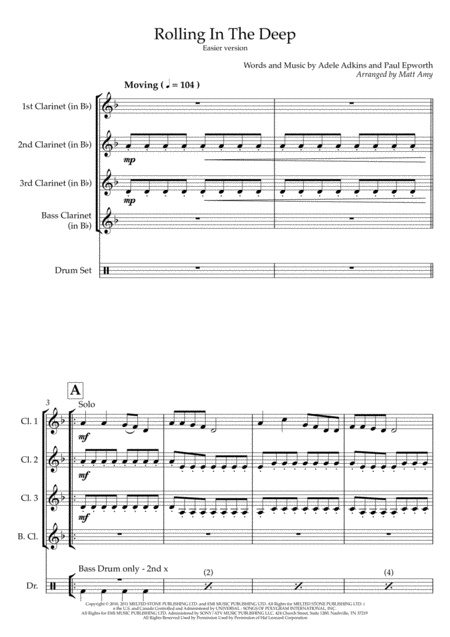 Rolling In The Deep Clarinet Quartet Easy Version Sheet Music