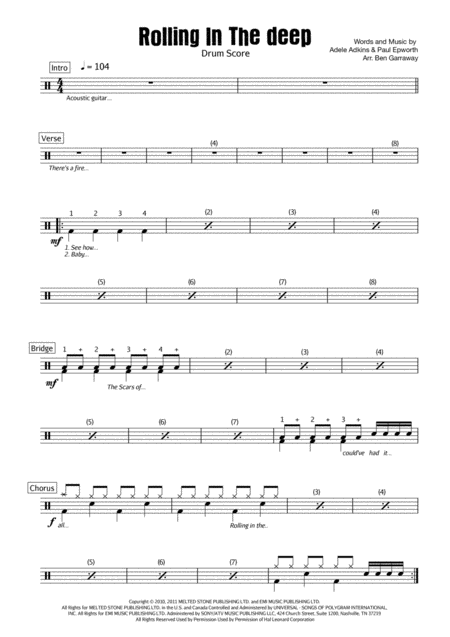 Free Sheet Music Rolling In The Deep Drum Score