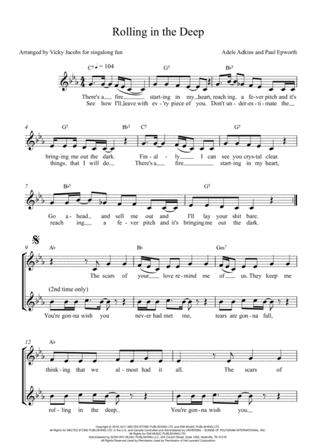 Rolling In The Deep Easy Three Part For Singalongs Sheet Music