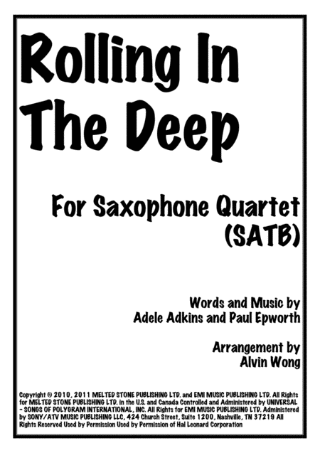 Rolling In The Deep Saxophone Quartet Sheet Music