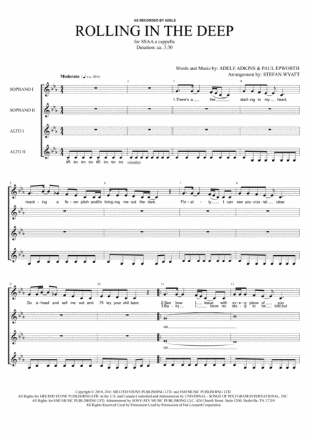 Rolling In The Deep Ssaa A Cappella Sheet Music