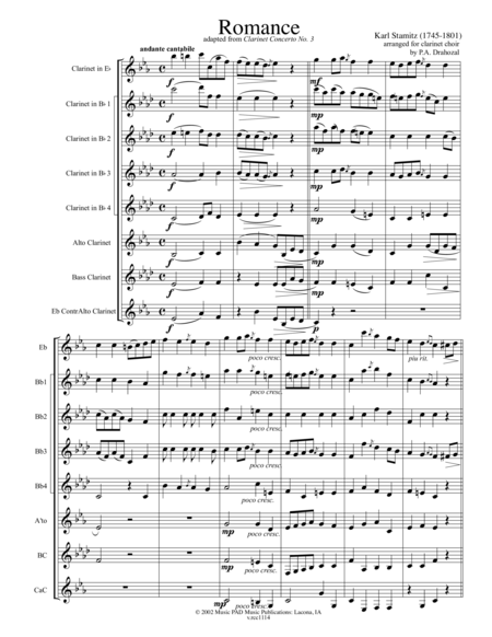 Free Sheet Music Romance For Clarinet Choir Adapted From Clarinet Concerto No 3 By Karl Stamitz