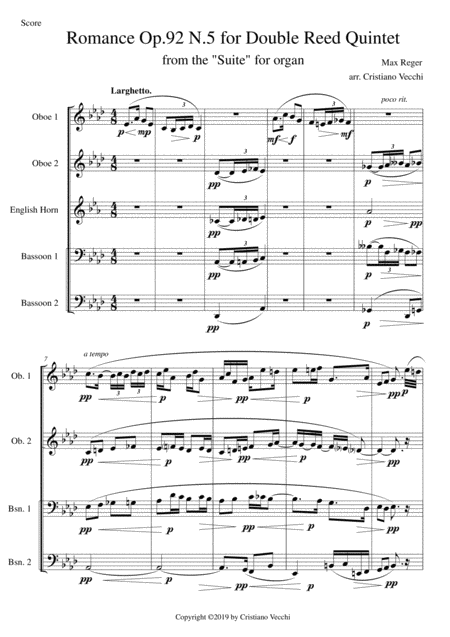 Romance Op 92 N 5 For Double Reed Quintet Sheet Music