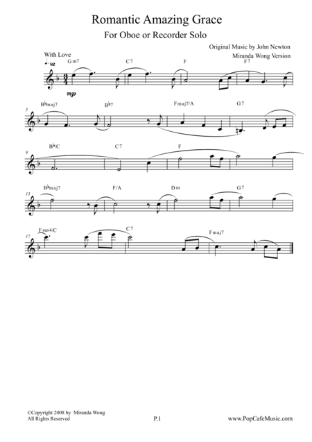 Romantic Amazing Grace Oboe Or Recorder Solo Love Version Sheet Music