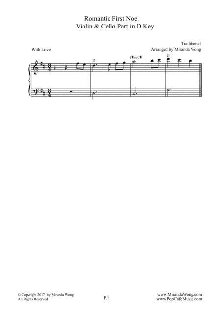 Romantic First Noel Easy Flute Or Oboe And Cello Duet In D Key Sheet Music