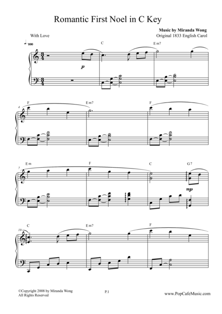 Romantic First Noel In C Key Touching Version Sheet Music