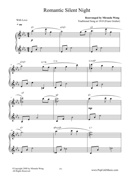 Romantic Silent Night Touching Piano Version Sheet Music