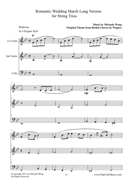 Free Sheet Music Romantic Wedding March Long Version For 2 Violins Cello String Trios