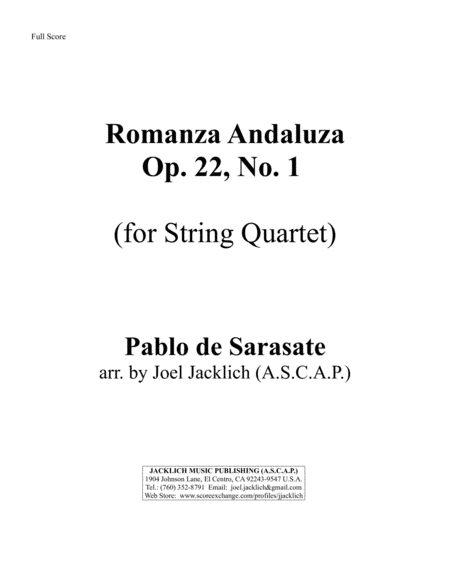 Romanza Andaluza Op 22 No 1 For String Quartet Sheet Music