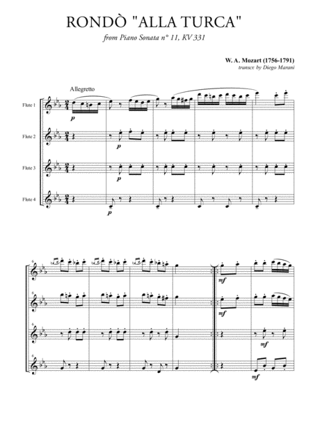 Rond Alla Turca Turkish March For Flute Quartet Sheet Music