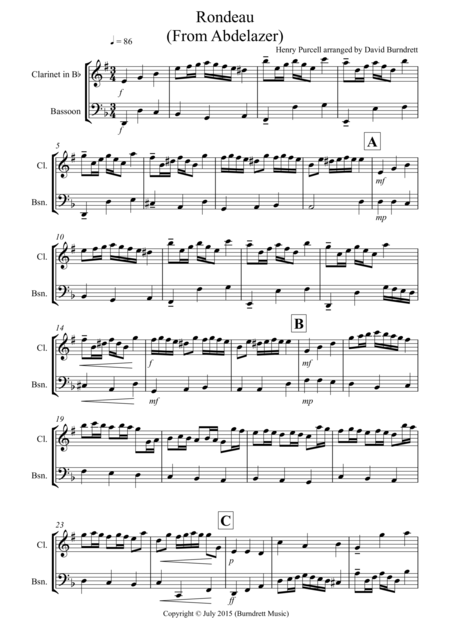 Free Sheet Music Rondeau From Abdelazer For Clarinet And Bassoon